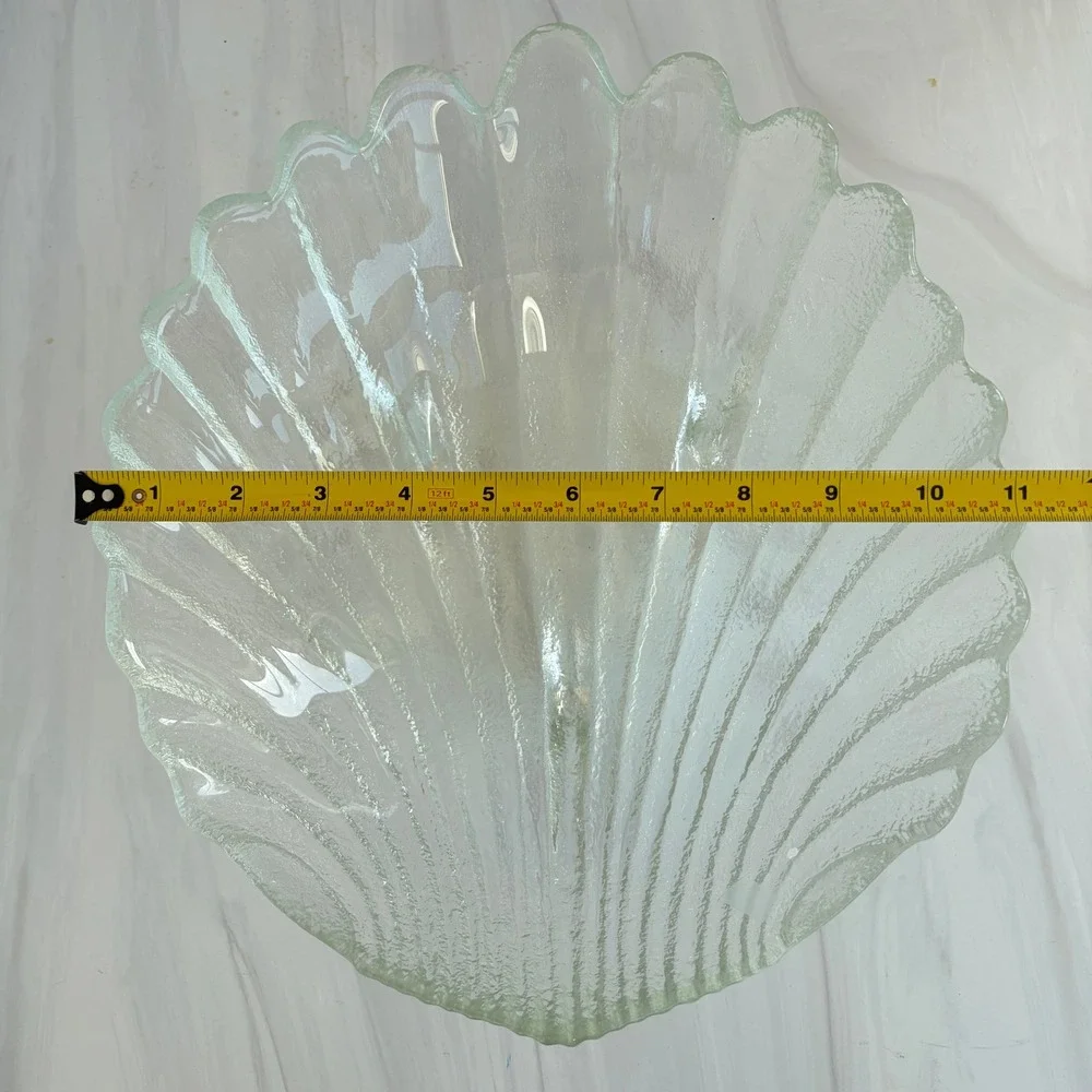 Vintage Textured Clear Glass Scalloped Large Shell Bowl Coastal Decor 12in